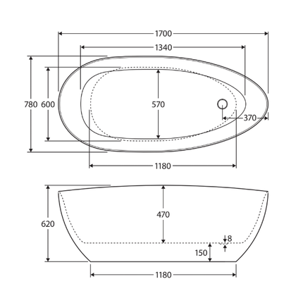 Fienza Dayo 1700 Freestanding Acrylic Bathtub, Gloss White ,