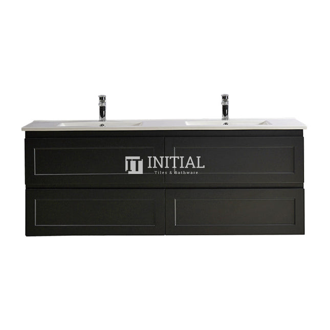 Fremantle Hampton Style Matte Black Wall Hung Vanity Cabinet & Ceramic Top Double Bowl 1490W X 450H X 560D ,