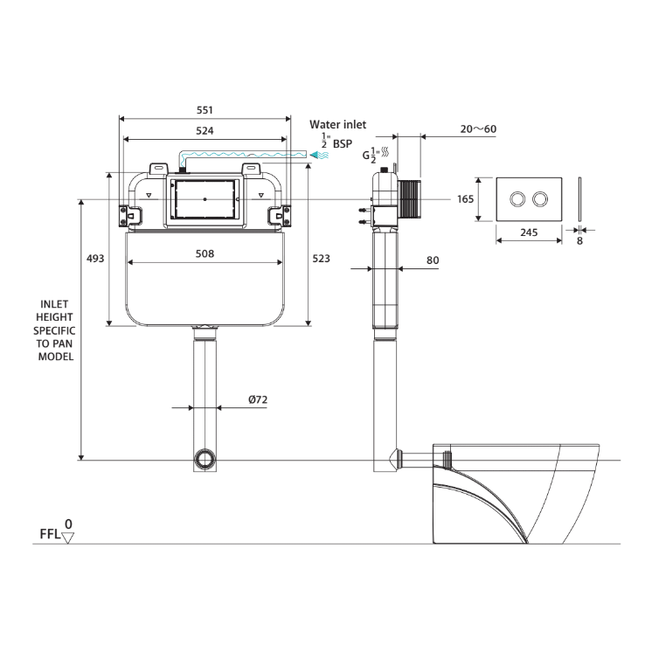 Fienza R&T Pneumatic In Wall Cistern for Wall Faced Pans, White Buttons ,