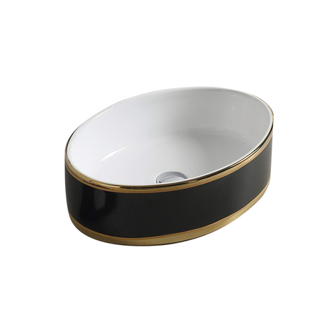 Gloss Round Above Counter Basin Black & White with Gold Ring 510X365X145 ,
