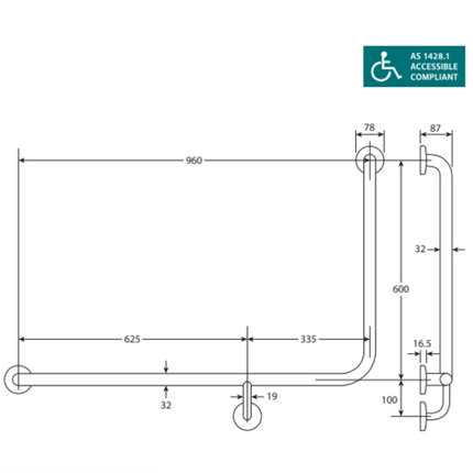 Fienza Delta Accessible Care Kit with Left Hand 90° Rail ,