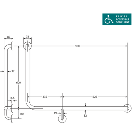 Fienza Delta Accessible Care Kit with Right Hand 90° Rail ,