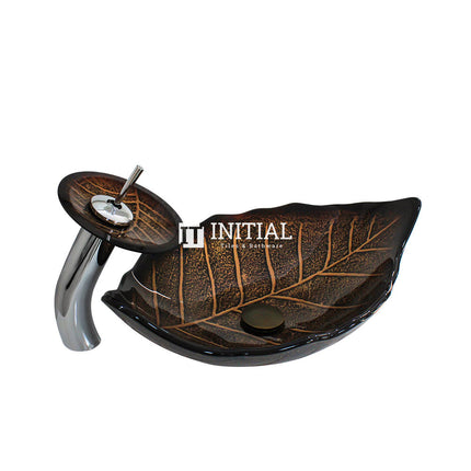 Above Counter Tempered Glass Basin Special Leaf Shape Vintage Basin 550x350x125 ,