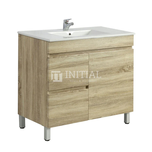 Begin Series Wood Grain PVC Filmed Freestanding Floor Vanity With 1 Door and 2 Drawers Left Side White Oak 740W X 830H X 450D ,