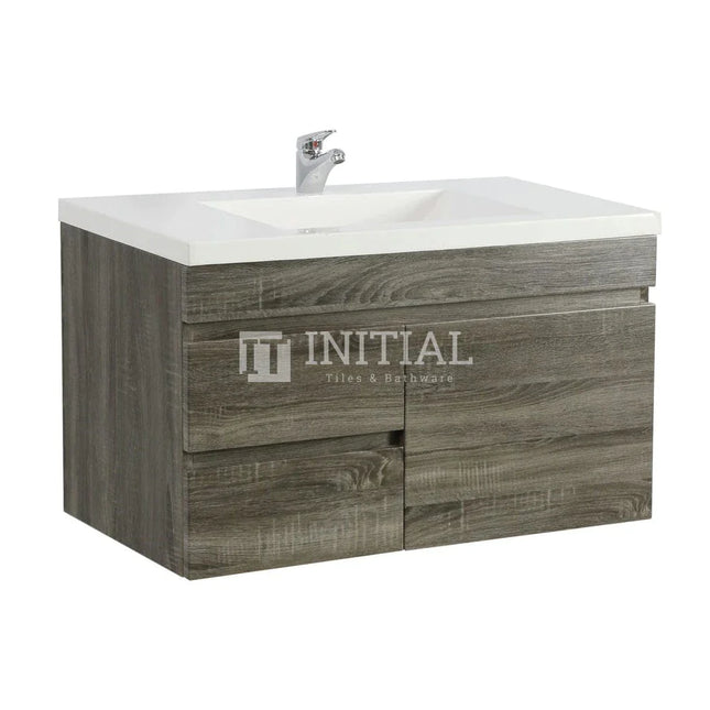 Begin Wood Grain PVC Filmed Wall Hung Vanity With 1 Door and 2 Drawers Left Side Dark Grey 890W X 500H X 450D ,