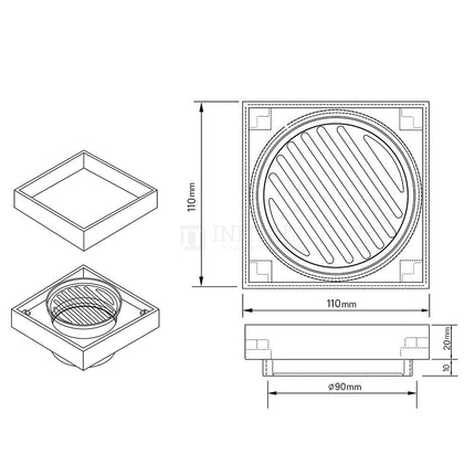 Bathroom S/S Smart Square Tile Insert Floor Waste Chrome ,