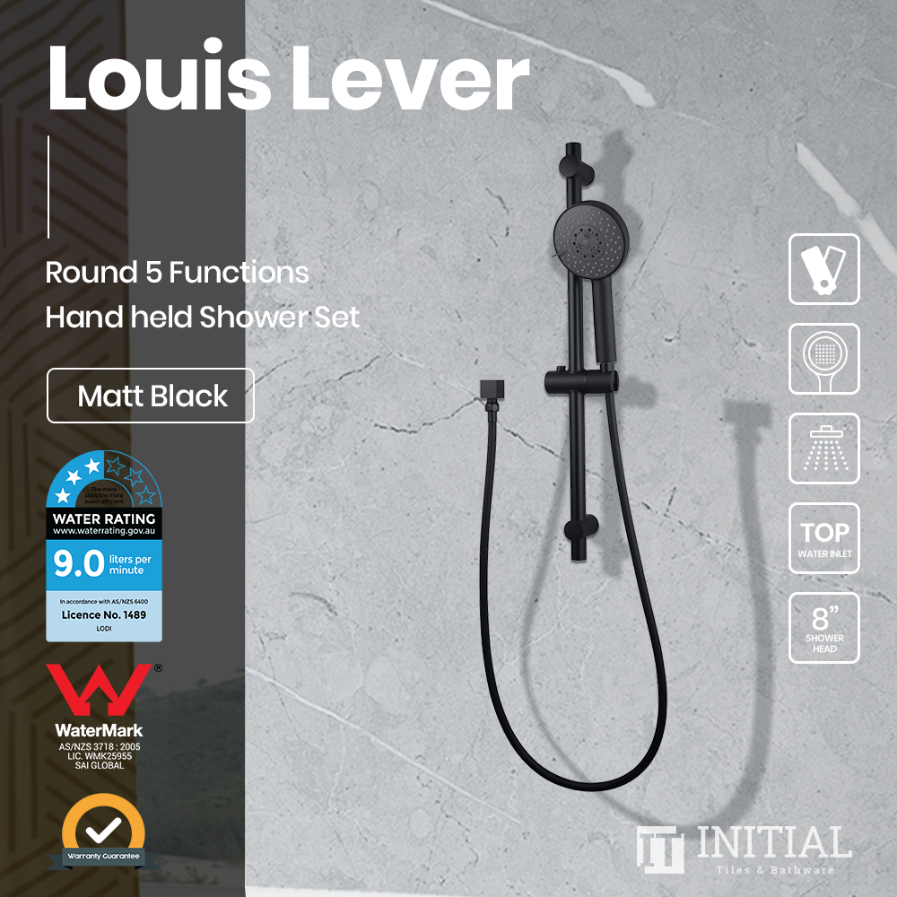 Louis Lever Series Round 5 Functions Hand held Shower Set With Rail Matt Black ,