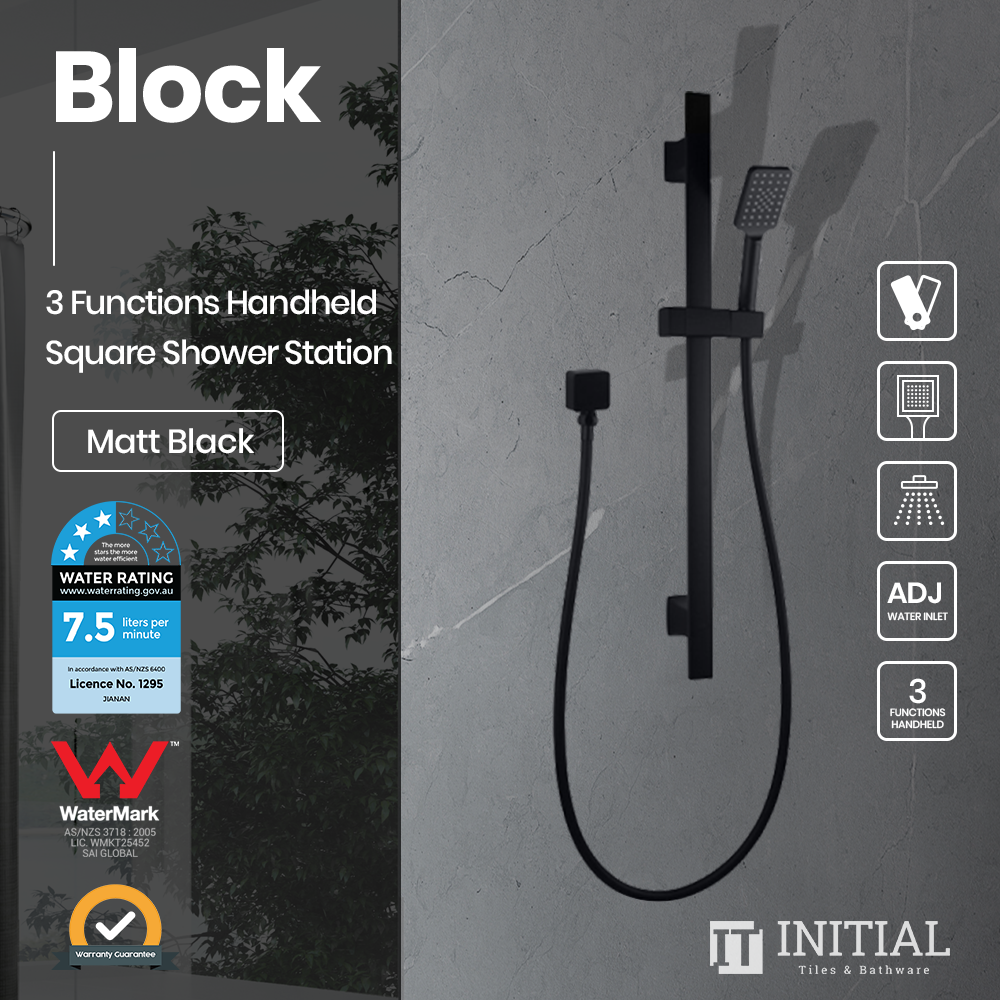 Block Series Square 3 Functions Handheld Shower with Wall Connector Set Matt Black ,