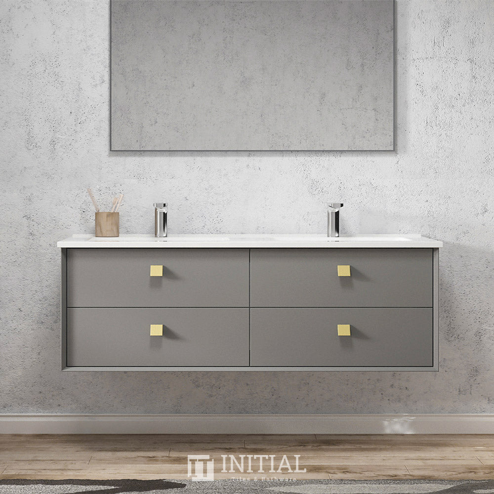 Otti Hugo Wall Hung Vanity with 2 Drawers Soft Close Doors Matt Grey 1490W X 550H X 460D , With Ceramic Top None