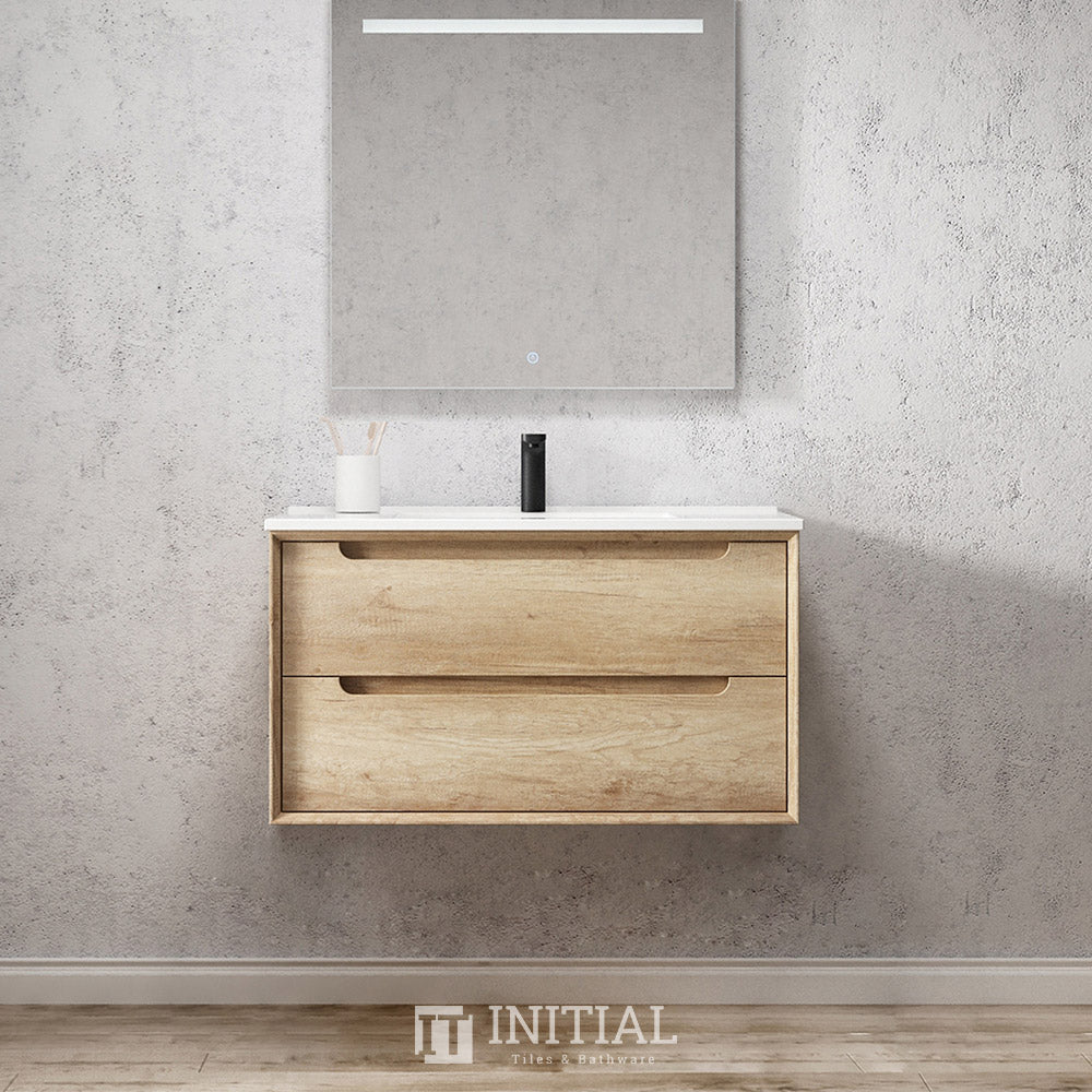 Otti Bruno Series Wall Hung Vanity with 2 Drawers Soft Close Doors Natural Oak 890W X 550H X 460D , With Ceramic Top None