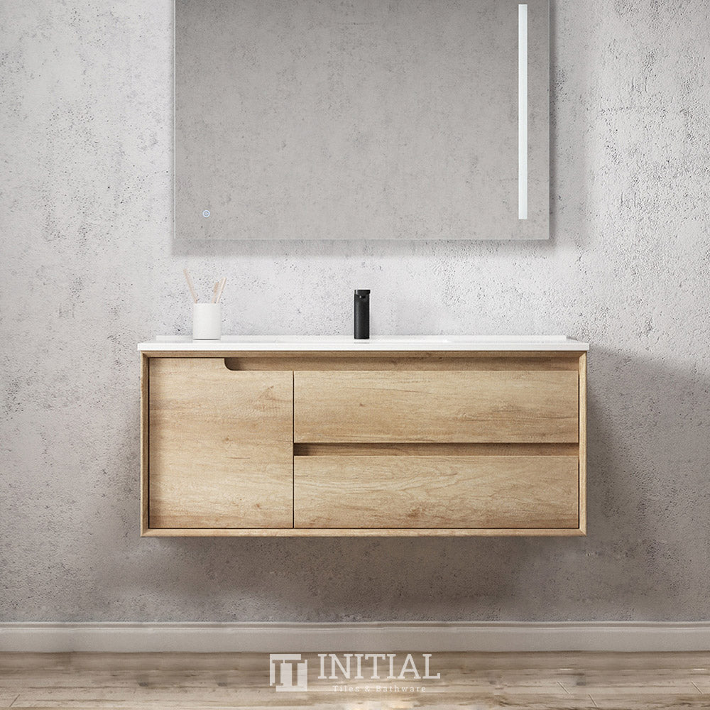 Otti Bruno Wall Hung Vanity with 2 Drawers Soft Close Doors Natural Oak 1190W X 550H X 460D , With Ceramic Top None