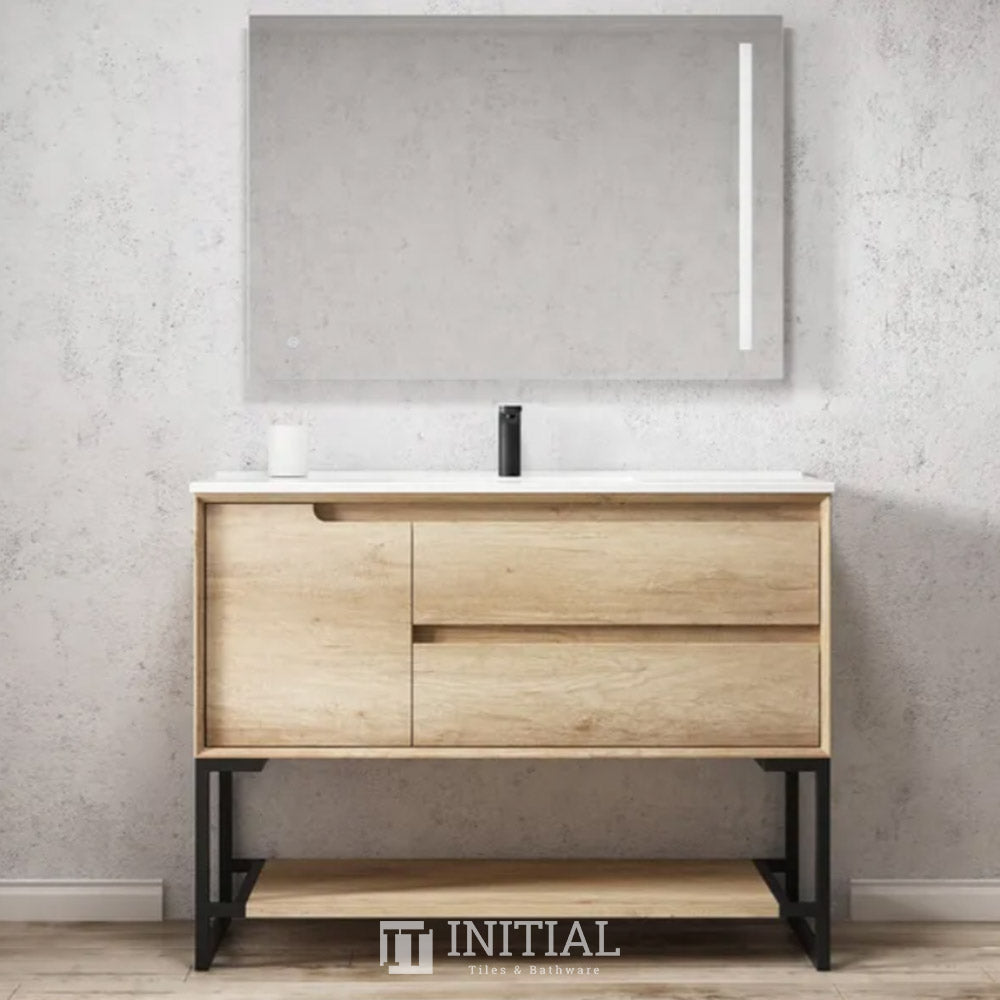 Otti Bruno Wall Hung Vanity with 2 Drawers Soft Close Doors Natural Oak 1190W X 550H X 460D , With Ceramic Top With 1200mm Leg