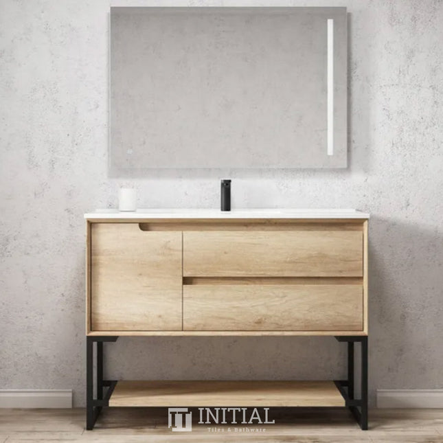 Otti Bruno Wall Hung Vanity with 2 Drawers Soft Close Doors Natural Oak 1190W X 550H X 460D , With Ceramic Top With 1200mm Leg