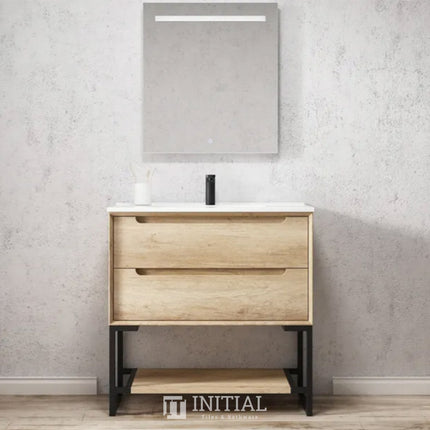Otti Bruno Series Wall Hung Vanity with 2 Drawers Soft Close Doors Natural Oak 890W X 550H X 460D , With 900mm Leg