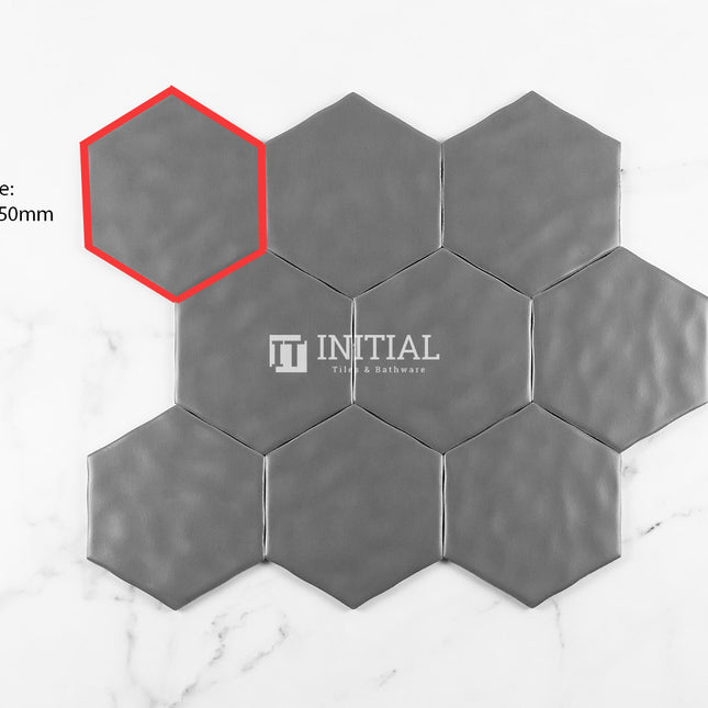 Ceramic Glazed Rippled Surface Hexagon Charcoal Matt 130X150mm ,