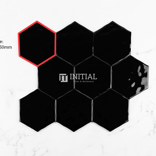 Ceramic Glazed Rippled Surface Hexagon Gloss Black 130X150mm ,