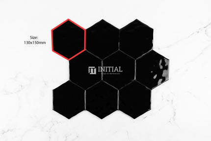 Ceramic Glazed Rippled Surface Hexagon Gloss Black 130X150mm ,