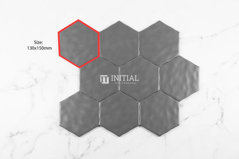Ceramic Glazed Rippled Surface Hexagon Charcoal Matt 130X150mm ,