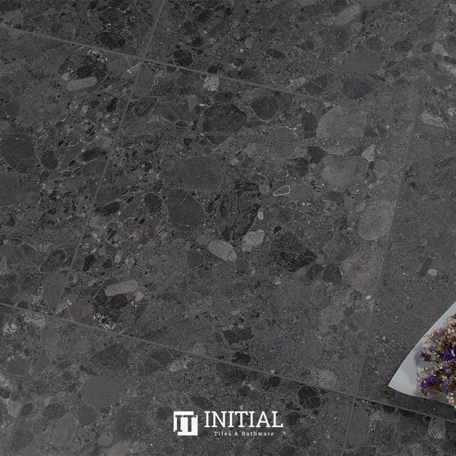 Terrazzo Look Bathroom Floor Tile Black Matt 600X600 ,