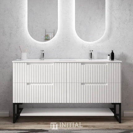 Otti Massa Series Wall Hung Vanity with 4 Drawers Soft Close Doors Matt White 1490W X 550H X 460D , With Ceramic Top With 1500mm Leg