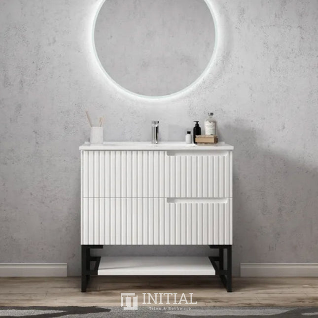 Otti Massa Series Wall Hung Vanity with 2 Drawers Soft Close Doors Matt White 890W X 550H X 460D , With 900mm Leg