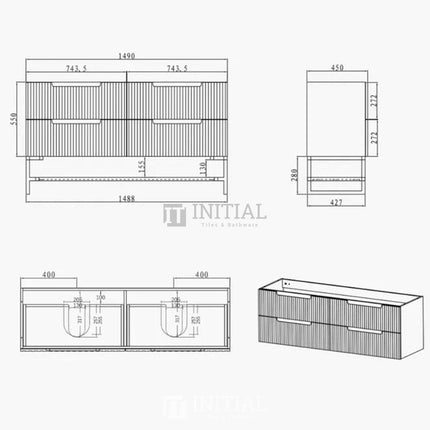 Otti Massa Series Wall Hung Vanity with 4 Drawers Soft Close Doors Matt White 1490W X 550H X 460D ,