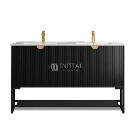 Otti Milano Series Wall Hung Vanity with 4 Drawers Soft Close Doors Matt Black 1490W X 550H X 460D , With Ceramic Top With 1500mm Leg