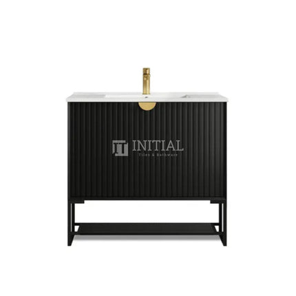 Otti Milano Series Wall Hung Vanity with 2 Drawers Soft Close Doors Matt Black 890W X 550H X 460D , With Ceramic Top With 900mm Leg