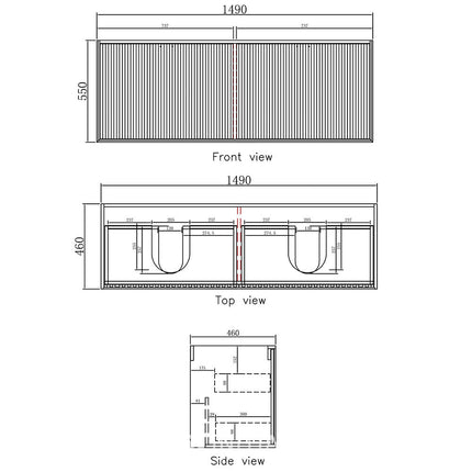 Otti Milano Series Wall Hung Vanity with 4 Drawers Soft Close Doors Matt Black 1490W X 550H X 460D ,