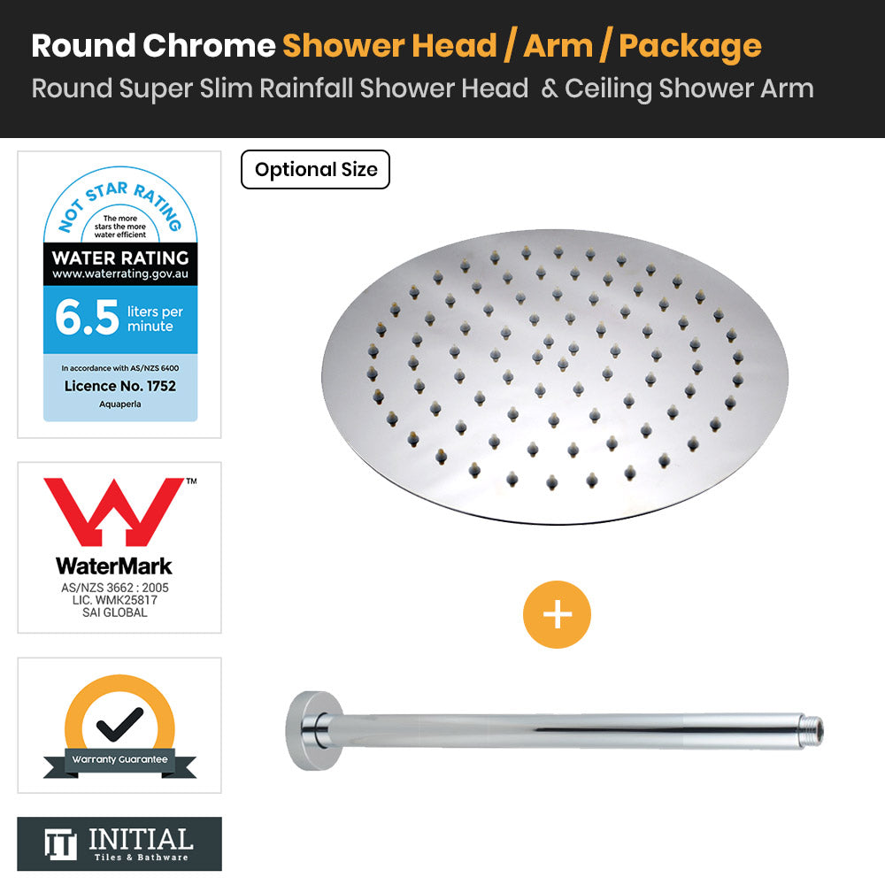 Chrome Round Super Slim Rainfall Shower Head & Ceiling Shower Arm ,
