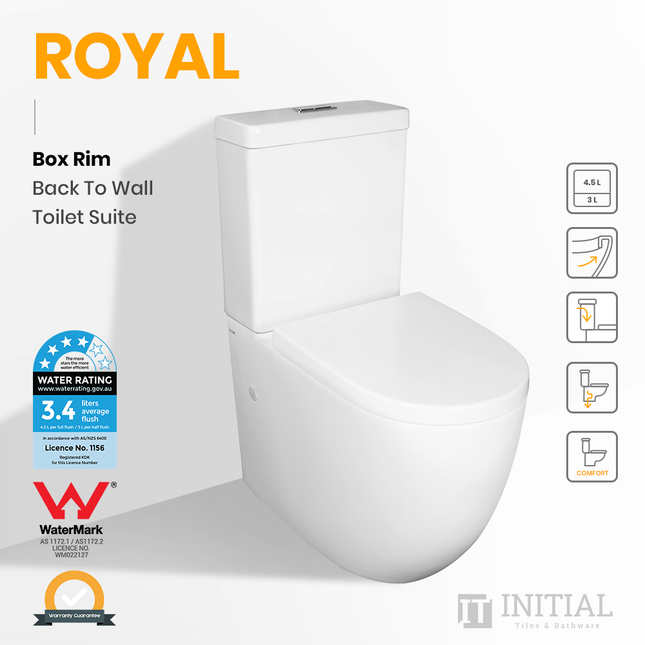 Royal Box Rim Flush Pan Back to Wall Toilet Suite Ceramic White 630X380X850 ,