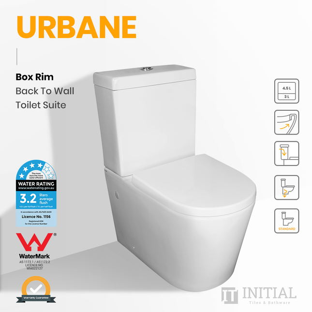 Urbane Box Rim Flush Pan Back to Wall Toilet Suite Ceramic White 715x390x830 ,