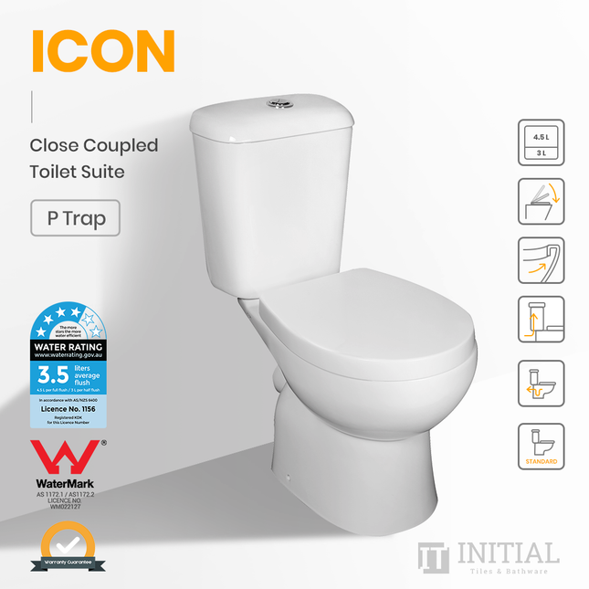 Icon P-Trap Closed Couple Toilet Suite Ceramic White 630X385X805 ,