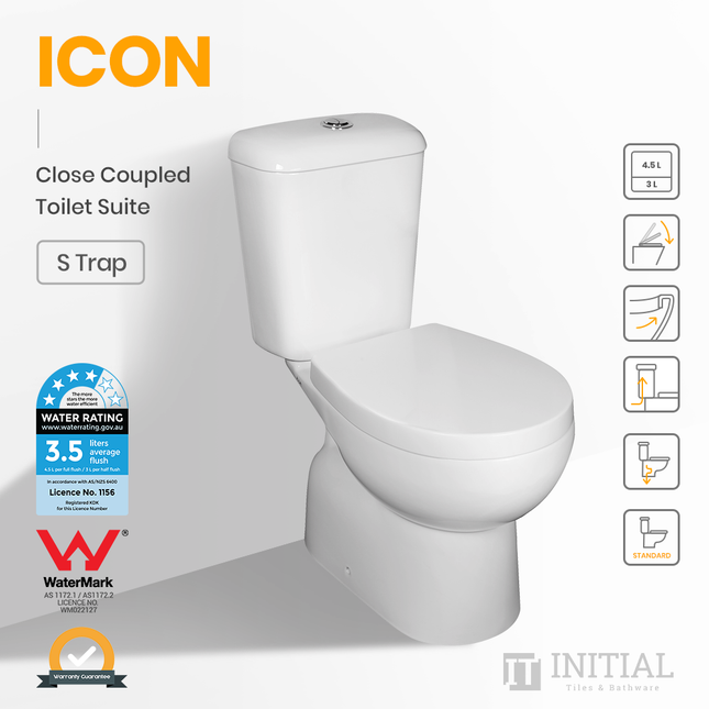 Icon S-Trap Closed Couple Toilet Suite Ceramic White 625X350X805 ,