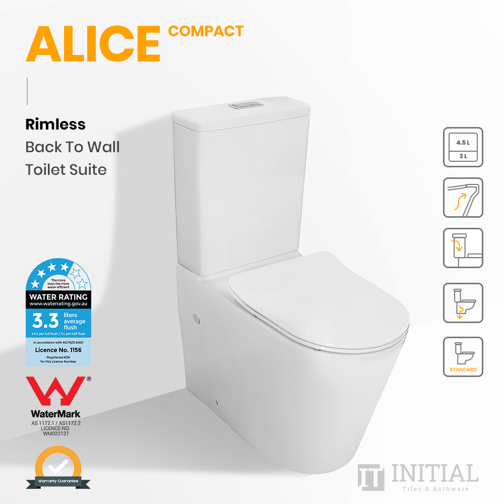 Alice Compact Rimless Back to Wall Toilet Suite Ceramic White 605X380X865 ,