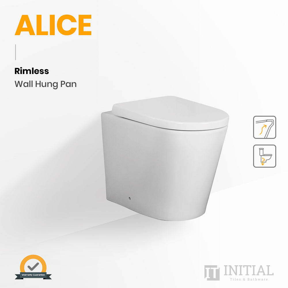 Alice Rimless Wall Hung Pan Toilet Ceramic White 520X360X325 ,