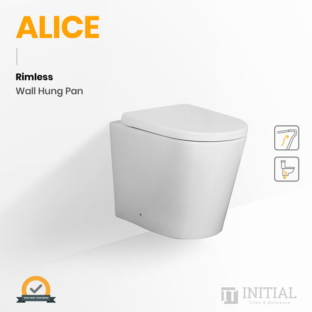 Alice Rimless Wall Hung Pan Toilet Ceramic White 520X360X325 ,