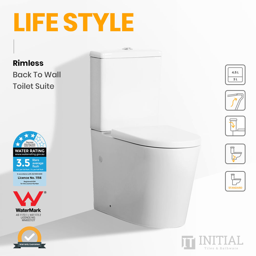 Lifestyle Rimless Back to Wall Toilet Suite Ceramic White 650X385X865 ,