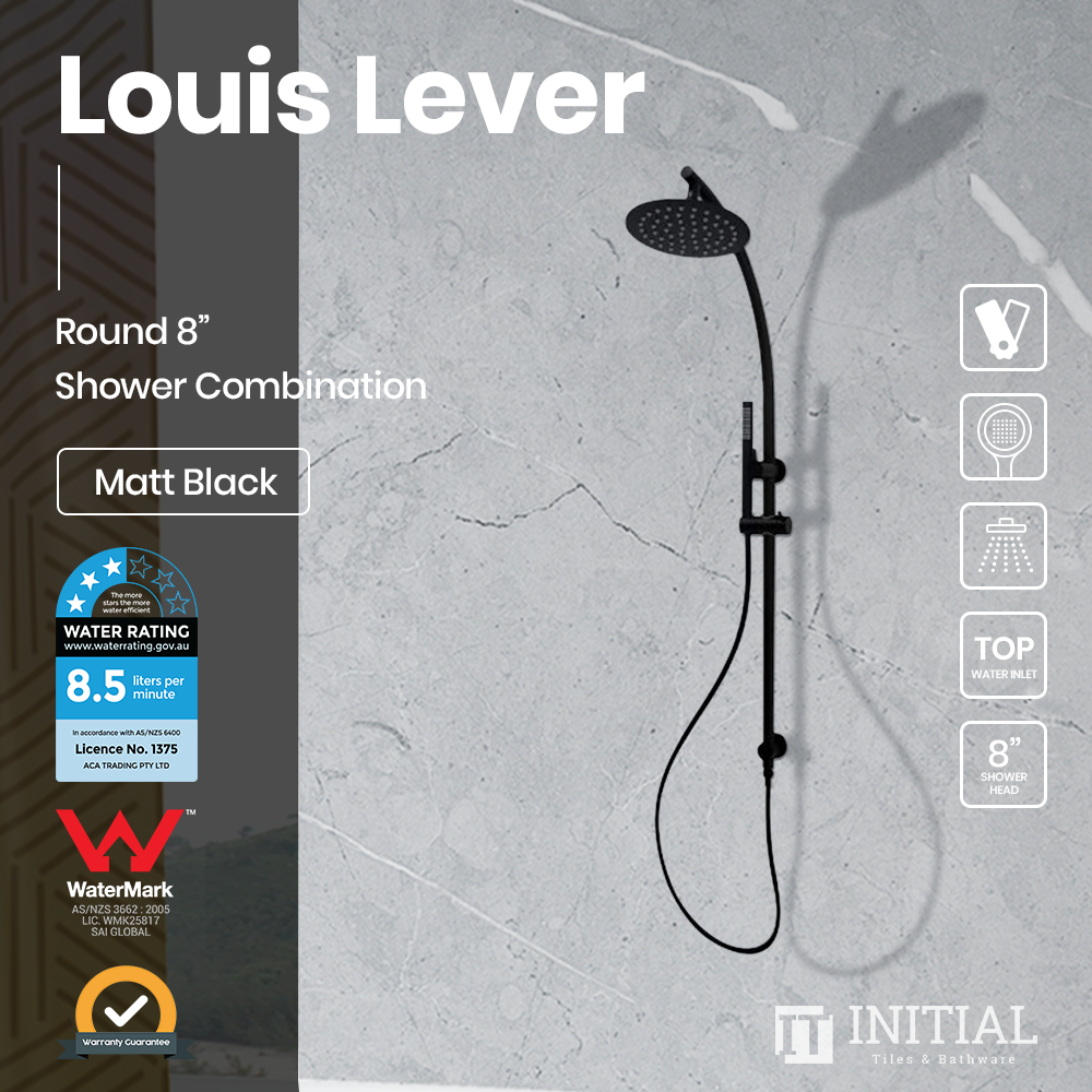 Louis Lever Series 8'' Round Top Water Inlet Shower Combination Matt Black ,
