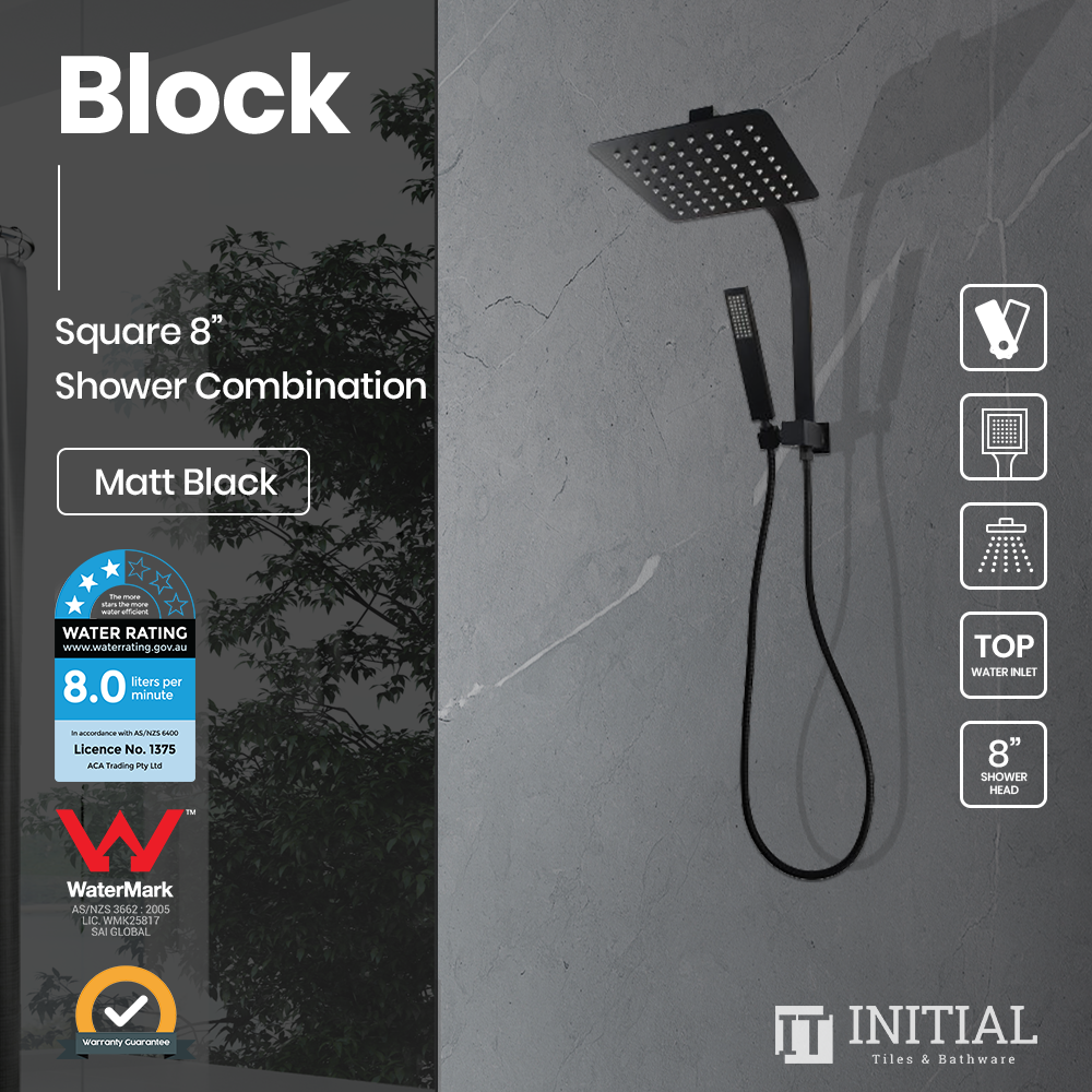 Block 8'' Square Top Inlet Shower Combination Matt Black ,