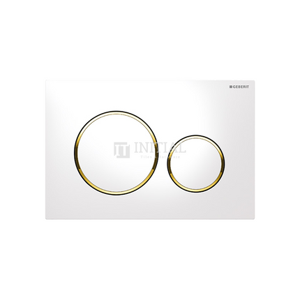 Geberit Sigma 20 Toilet Round Dual Flush Push Buttons , White Plate / Gold Trim