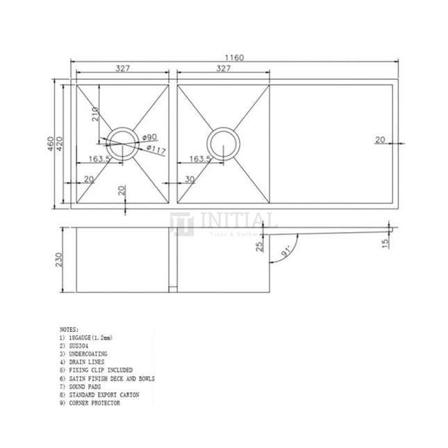 Square Stainless Steel Kitchen & Laundry Sink 1160X460X220 ,