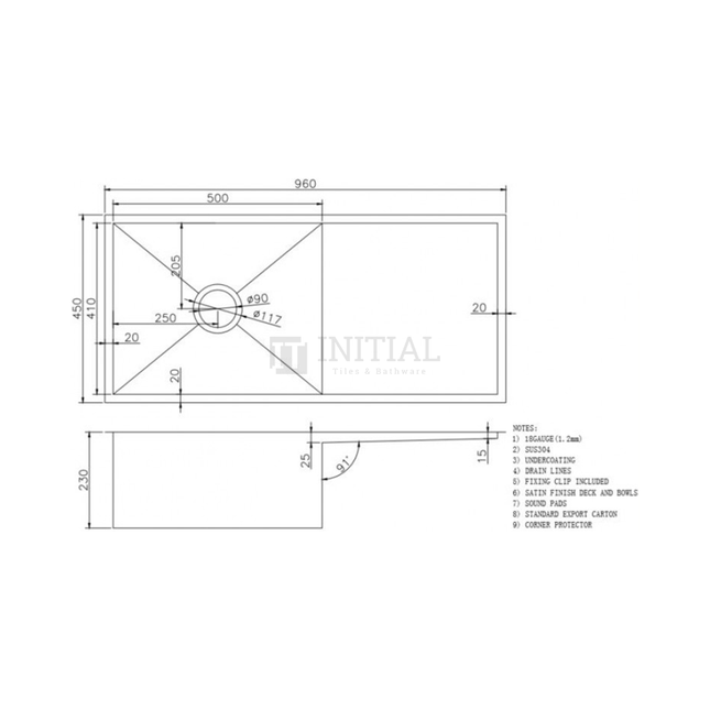 Square Stainless Steel Kitchen & Laundry Sink 960X450X230 ,