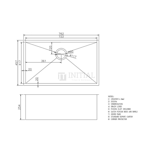 Square Stainless Steel Kitchen & Laundry Sink 762X457X254 ,