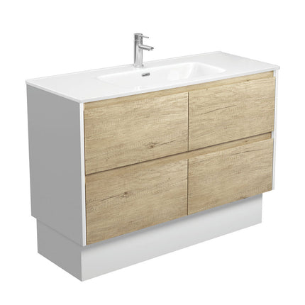 Fienza Amato Scandi Oak 1200 Cabinet on Kickboard, Solid Panels, Bevelled Edge , With Moulded Basin-Top - Joli Ceramic Satin White Panels