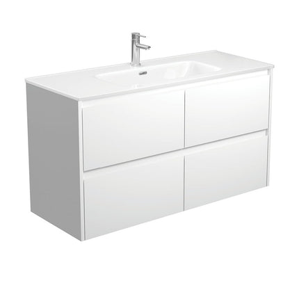 Fienza Amato Satin White 1200 Wall Hung Cabinet, Solid Drawers, Bevelled Edge , With Moulded Basin-Top - Joli Ceramic Satin White Panels