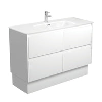 Fienza Amato Satin White 1200 Cabinet on Kickboard, Solid Panels, Bevelled Edge , With Moulded Basin-Top - Joli Ceramic Satin White Panels