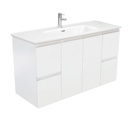 Fienza Figerpull Satin White 1200 Wall Hung Cabinet, Solid Doors , With Moulded Basin-Top - Joli Ceramic