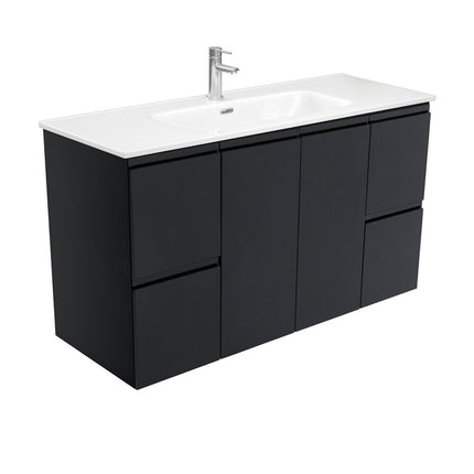 Fienza Fingerpull Satin Black 1200 Wall Hung Cabinet, Solid Doors , With Moulded Basin-Top - Joli Ceramic
