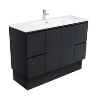 Fienza Fingerpull Satin Black 1200 Cabinet on Kickboard, Solid Doors , With Moulded Basin-Top - Joli Ceramic